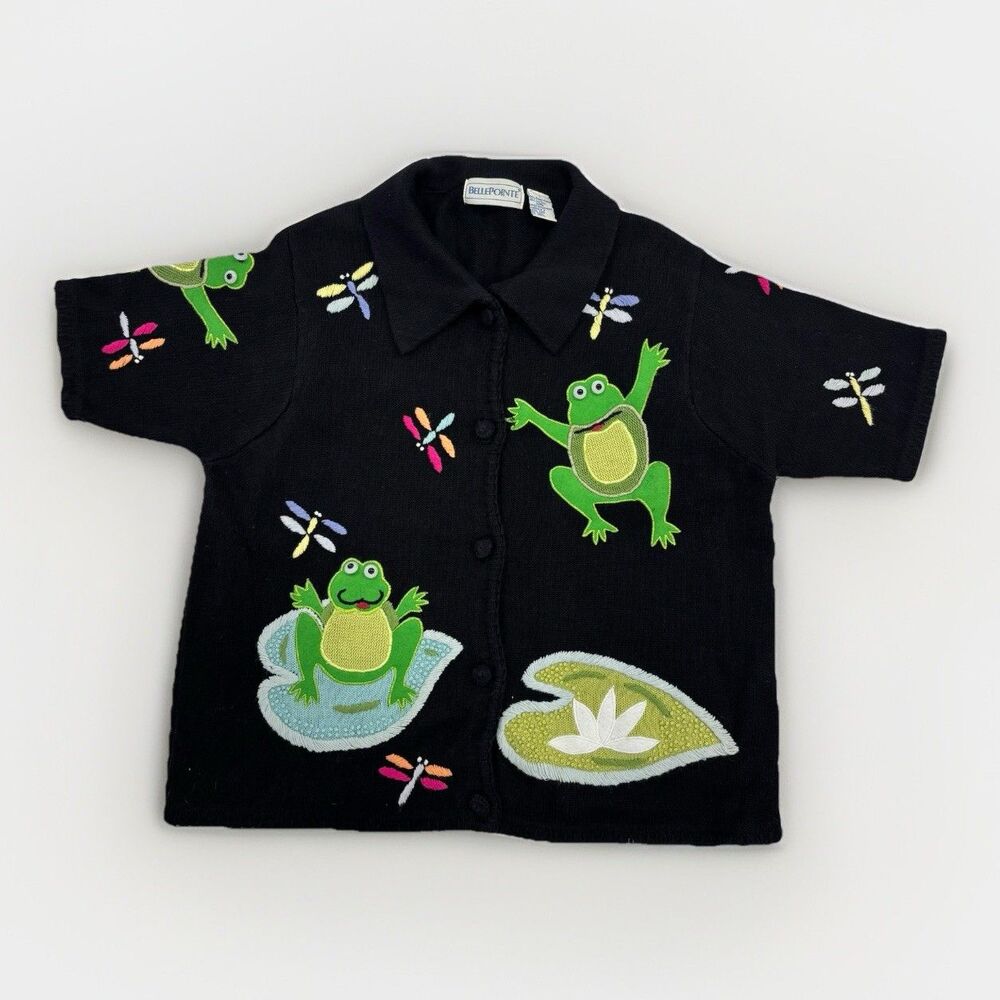 Belle Pointe Frog Sweater Womens Size Large Short Sleeve Vintage 3D 90s